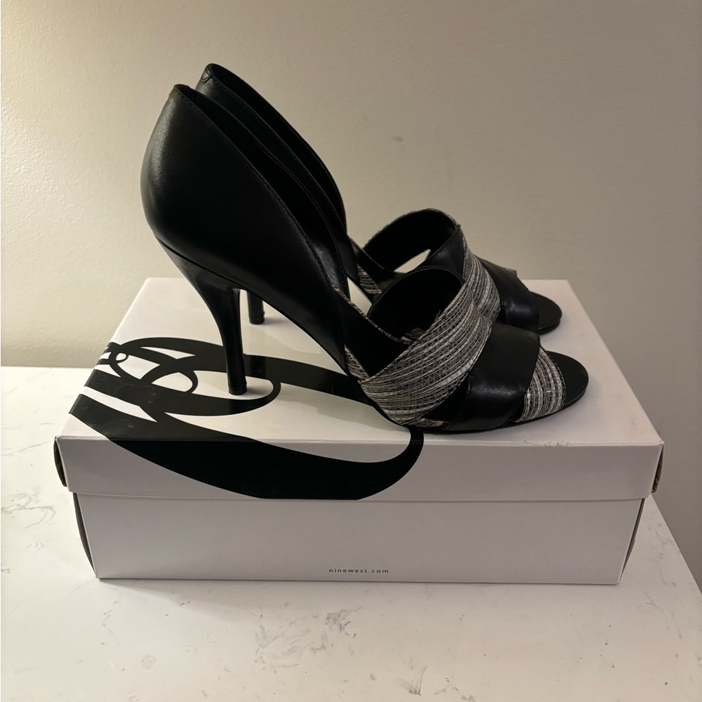 Nine West Black Heeled Sandals with Silver Accent Straps